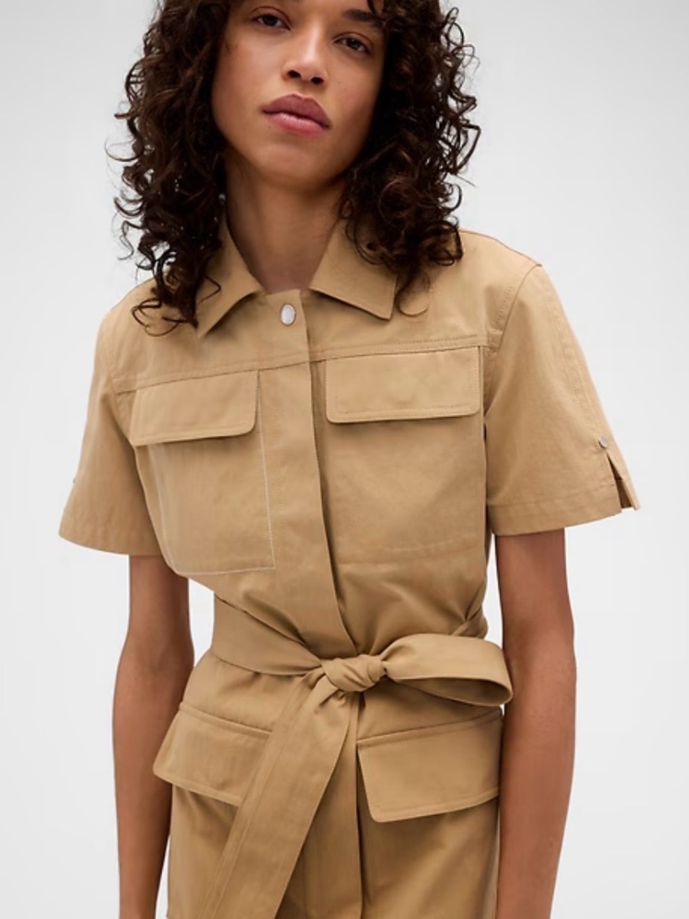Gap x Victoria Beckham - Mini Mac Dress - Short-Sleeve Tie-Waist - Khaki (XS) - Picture 2 of 5